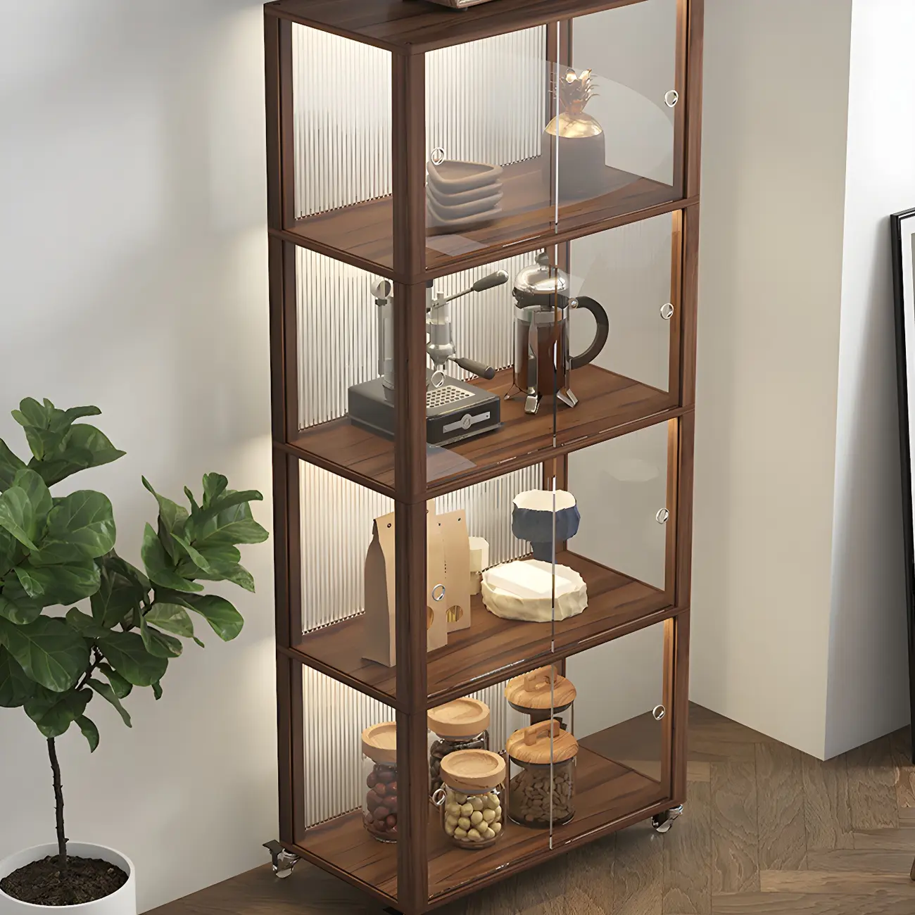 Modern Sliding Doors Pine Wood Curio Cabinet with Wheels Image - 2 | homeyfad