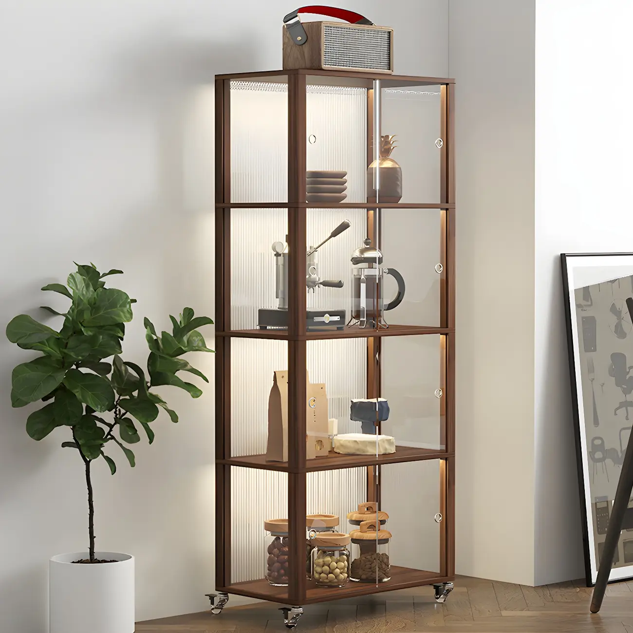 Modern Sliding Doors Pine Wood Curio Cabinet with Wheels Image - 7 | homeyfad