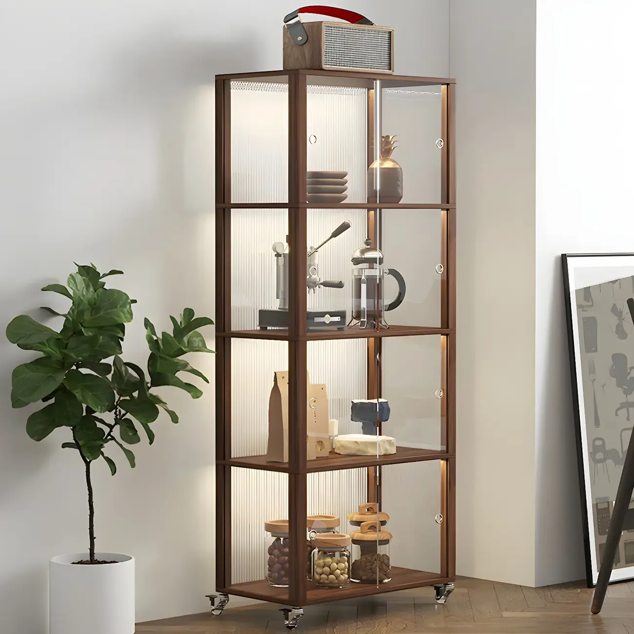 Modern Sliding Doors Pine Wood Curio Cabinet with Wheels Image - 7