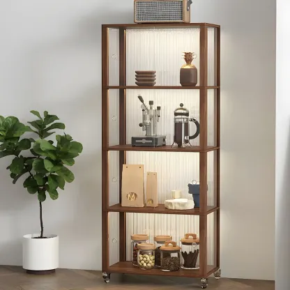 Modern Sliding Doors Pine Wood Curio Cabinet with Wheels Image - 9