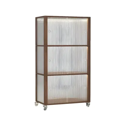 Modern Sliding Doors Pine Wood Curio Cabinet with Wheels Image - 11
