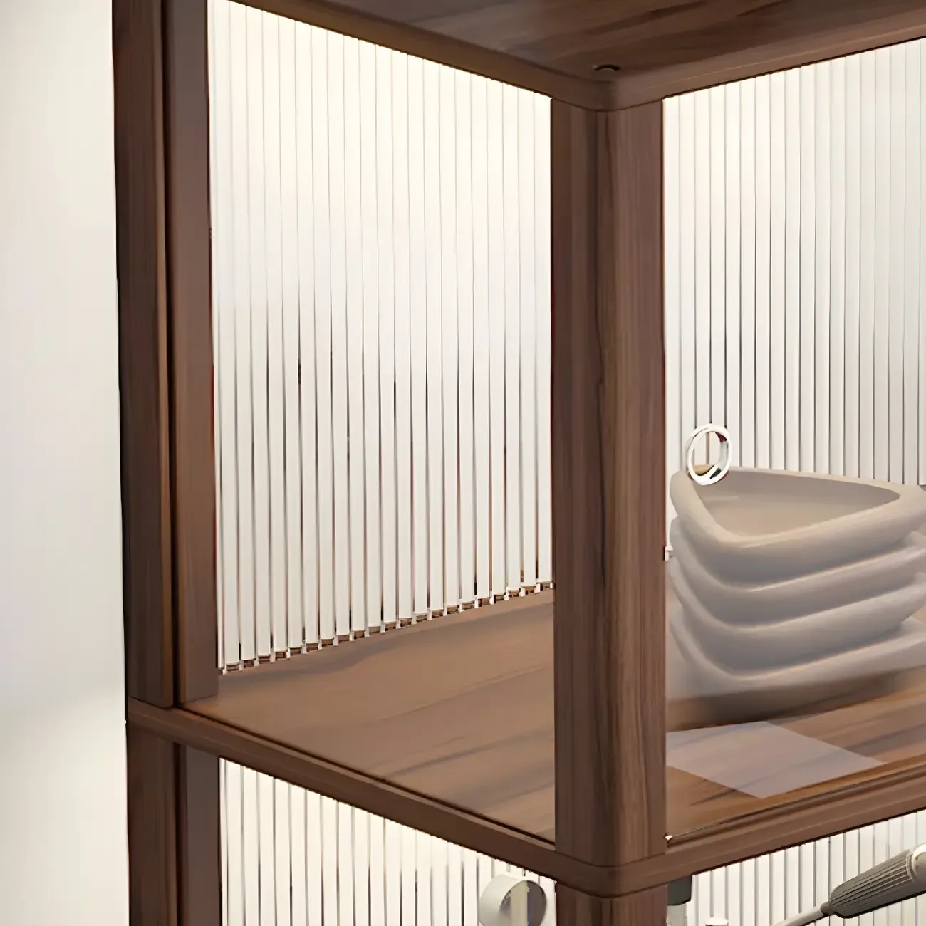 Modern Sliding Doors Pine Wood Curio Cabinet with Wheels Image - 13