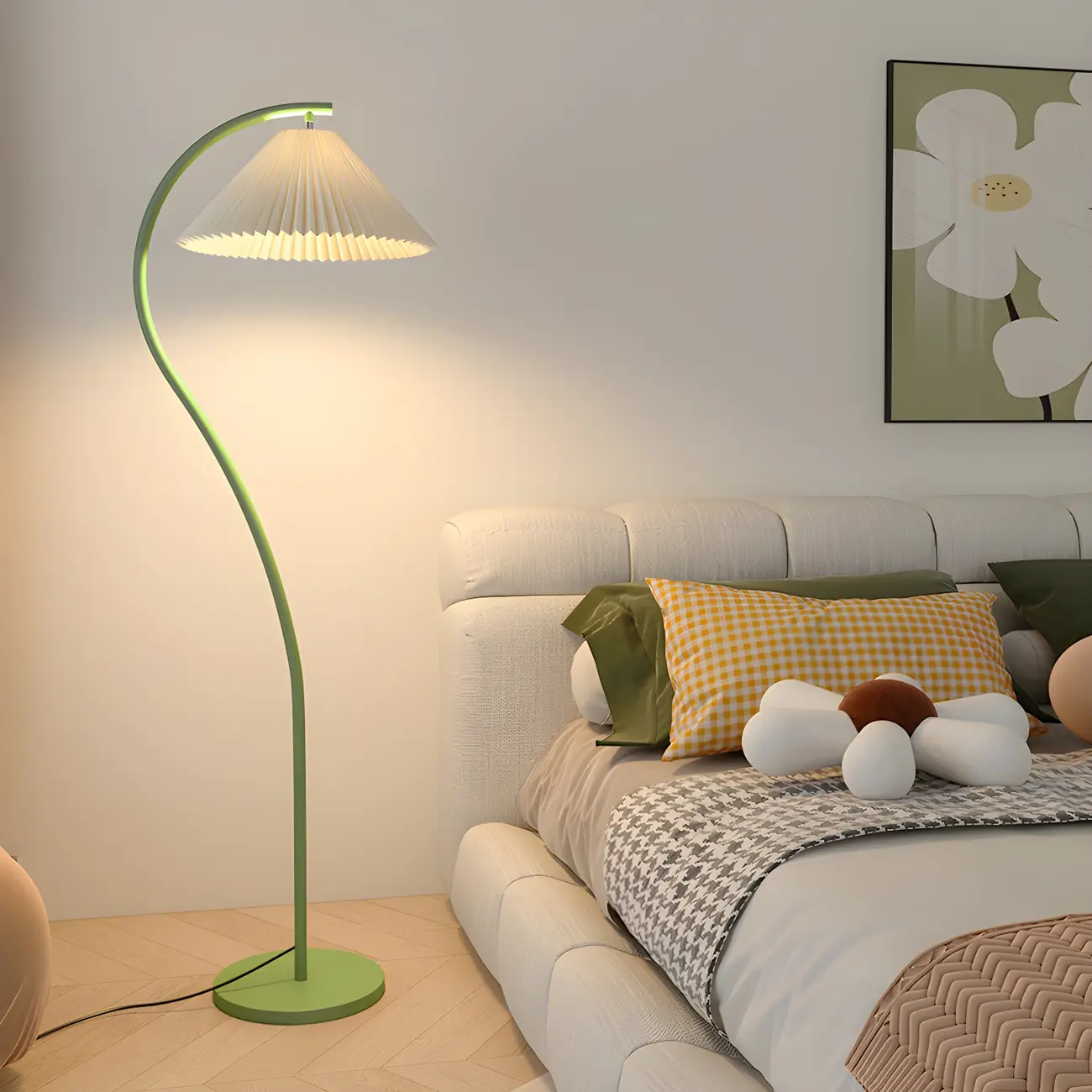 Modern Green Arc Floor Lamp with Pleated Shade Image - 2 | homeyfad