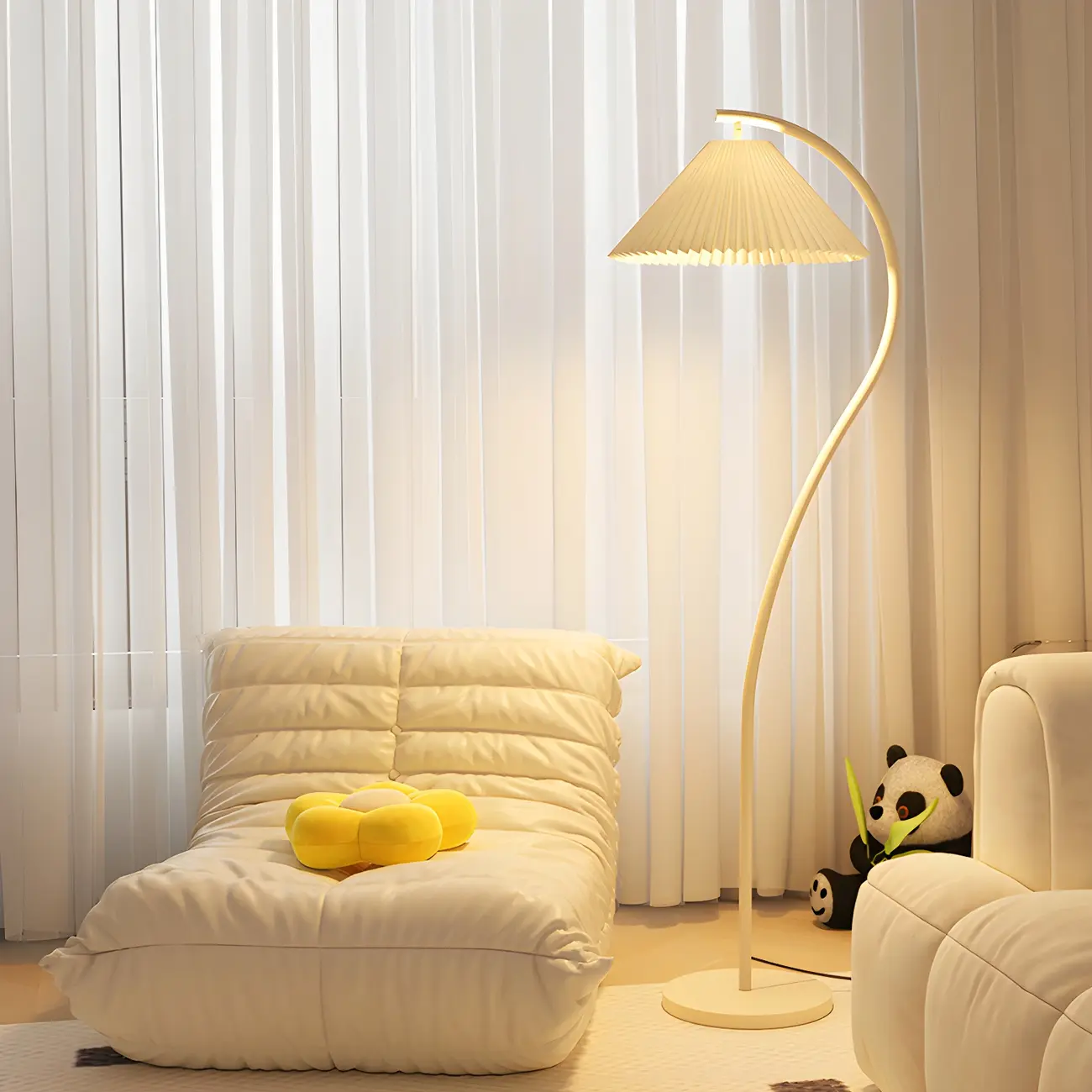 Modern Green Arc Floor Lamp with Pleated Shade Image - 1 | homeyfad