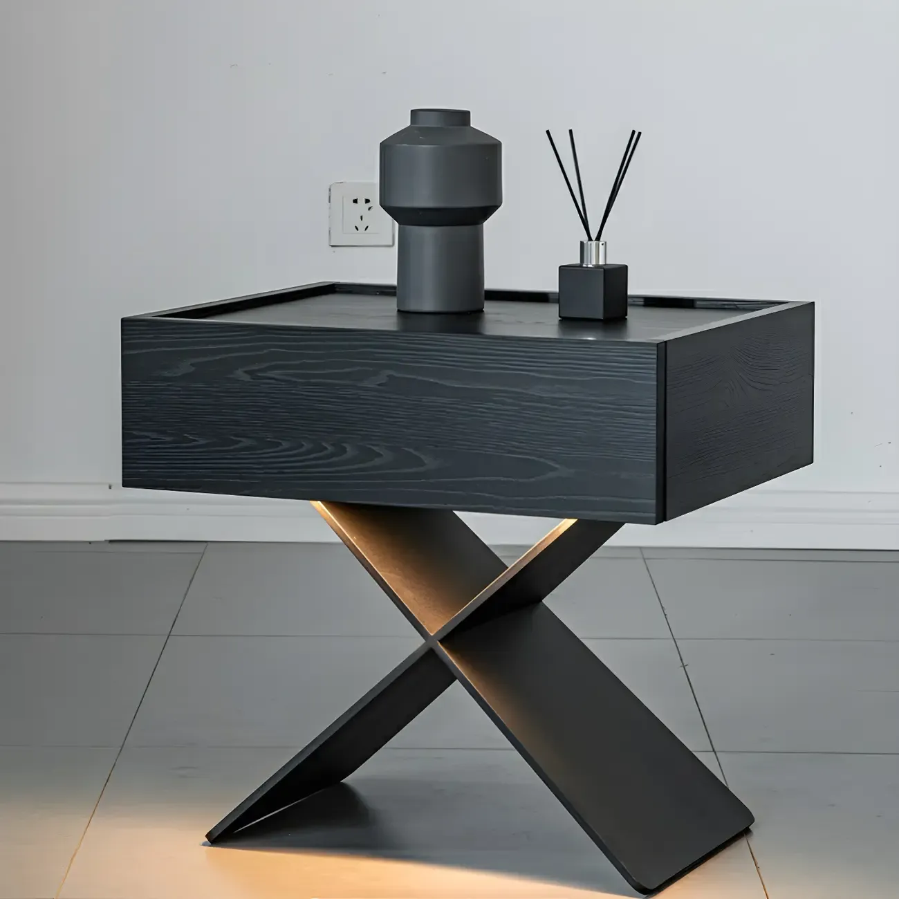 Black Wood X-Leg Drawer Storage Small Nightstand Image - 1