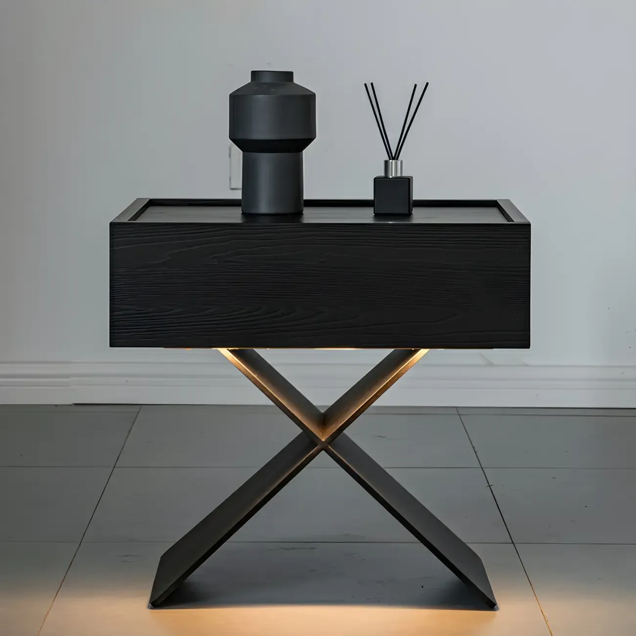 Black Wood X-Leg Drawer Storage Small Nightstand Image - 2