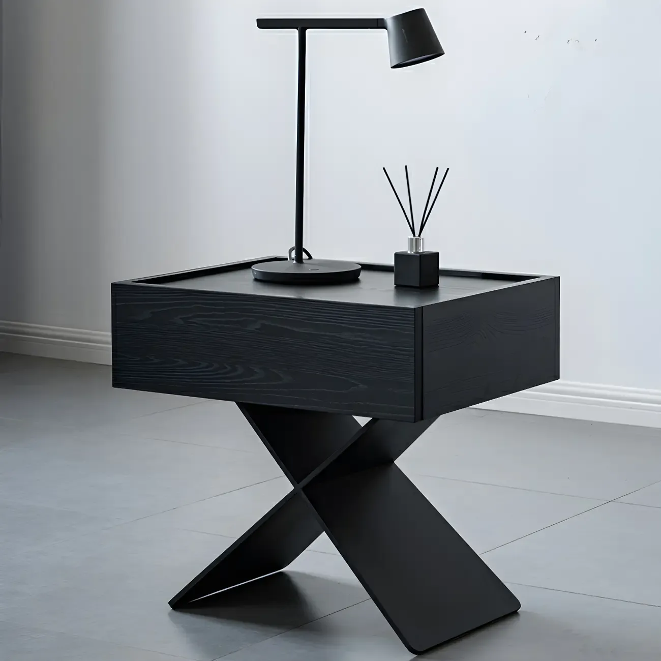 Black Wood X-Leg Drawer Storage Small Nightstand Image - 3