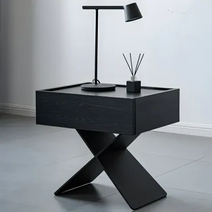 Black Wood X-Leg Drawer Storage Small Nightstand Image - 3