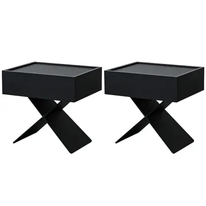 Black Wood X-Leg Drawer Storage Small Nightstand Image - 6
