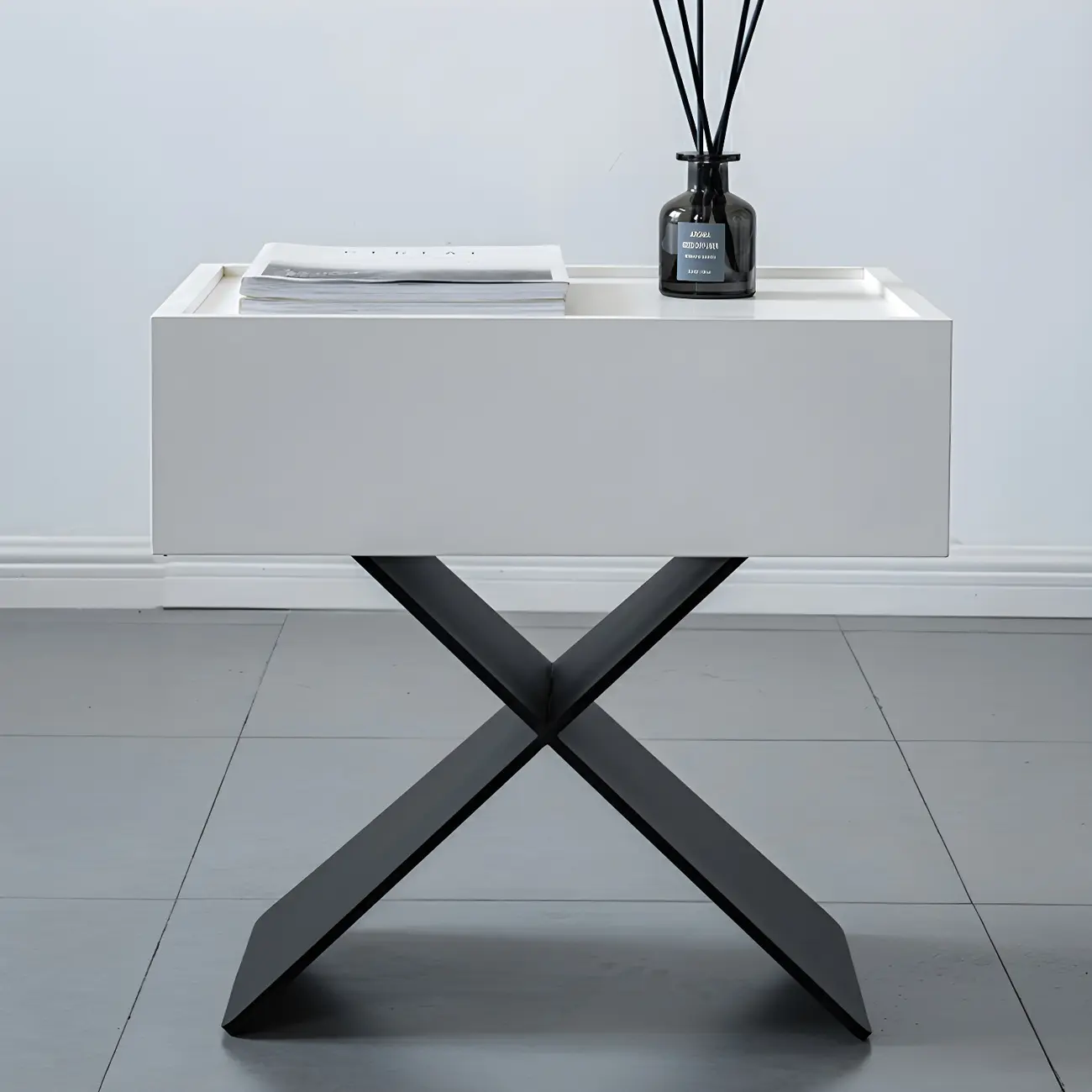 Black Wood X-Leg Drawer Storage Small Nightstand Image - 13 | homeyfad