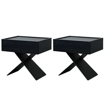 Black Wood X-Leg Drawer Storage Small Nightstand Image - 15