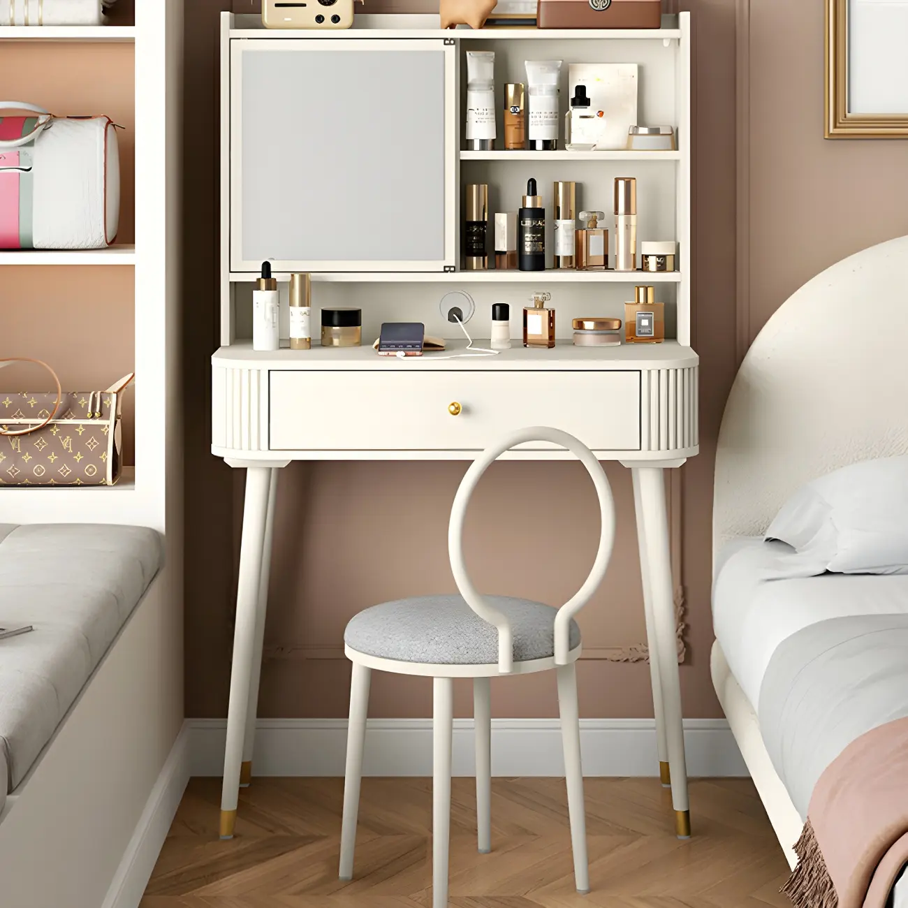 Modern Makeup Vanity Set with Mirror & 2-Shelf Storage | homeyfad