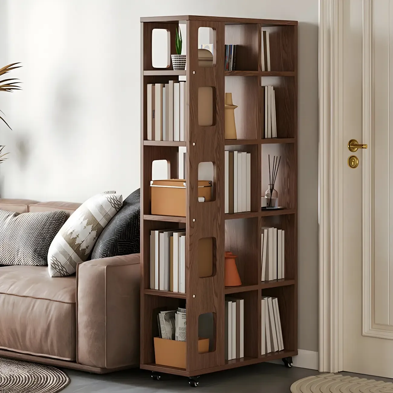 Mid-Century Nut-Brown Wood 5-Tier Bookcase on Wheels Image - 1