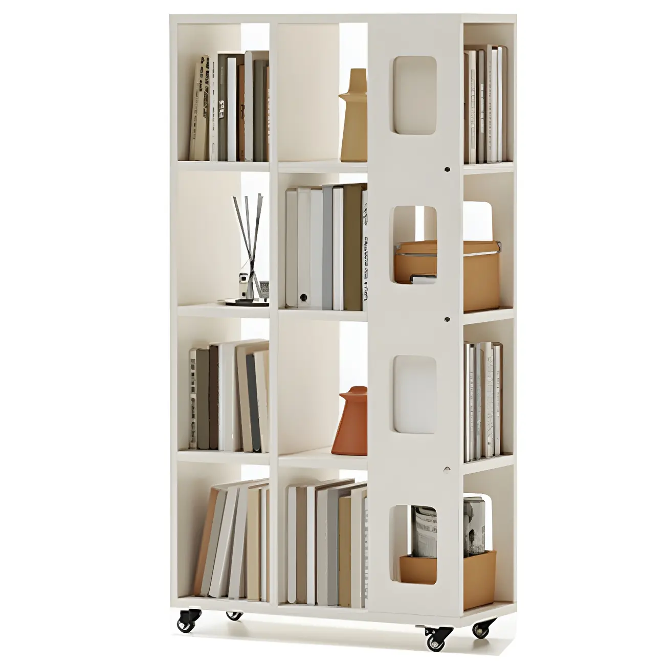 Mid-Century Nut-Brown Wood 5-Tier Bookcase on Wheels Image - 3 | homeyfad