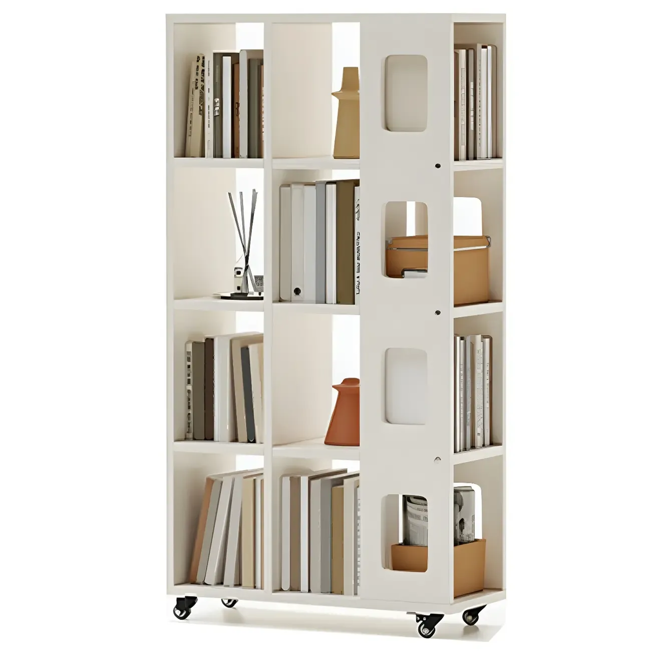 Mid-Century Nut-Brown Wood 5-Tier Bookcase on Wheels Image - 3