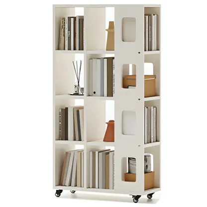 Mid-Century Nut-Brown Wood 5-Tier Bookcase on Wheels Image - 3