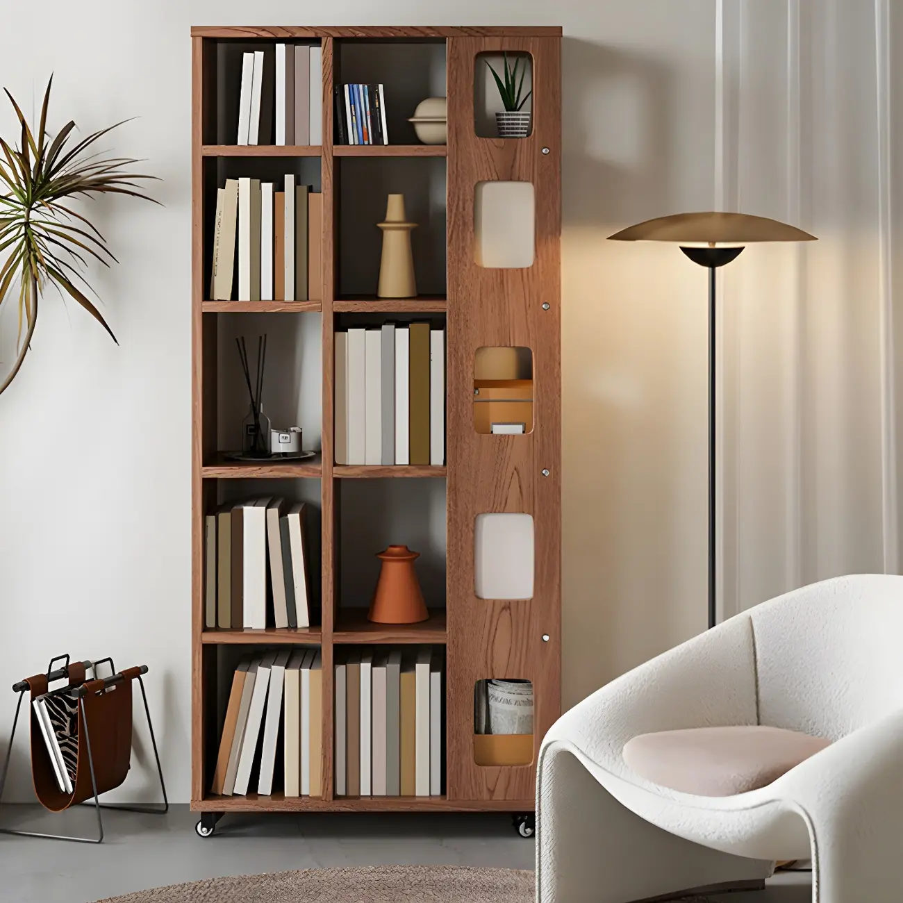 Mid-Century Nut-Brown Wood 5-Tier Bookcase on Wheels Image - 4 | homeyfad