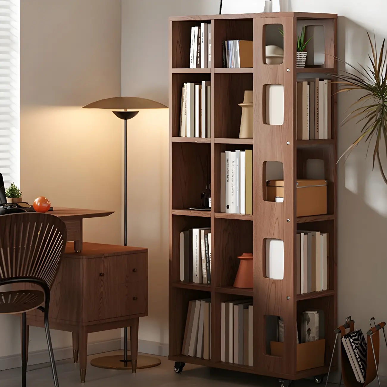 Mid-Century Nut-Brown Wood 5-Tier Bookcase on Wheels Image - 2 | homeyfad