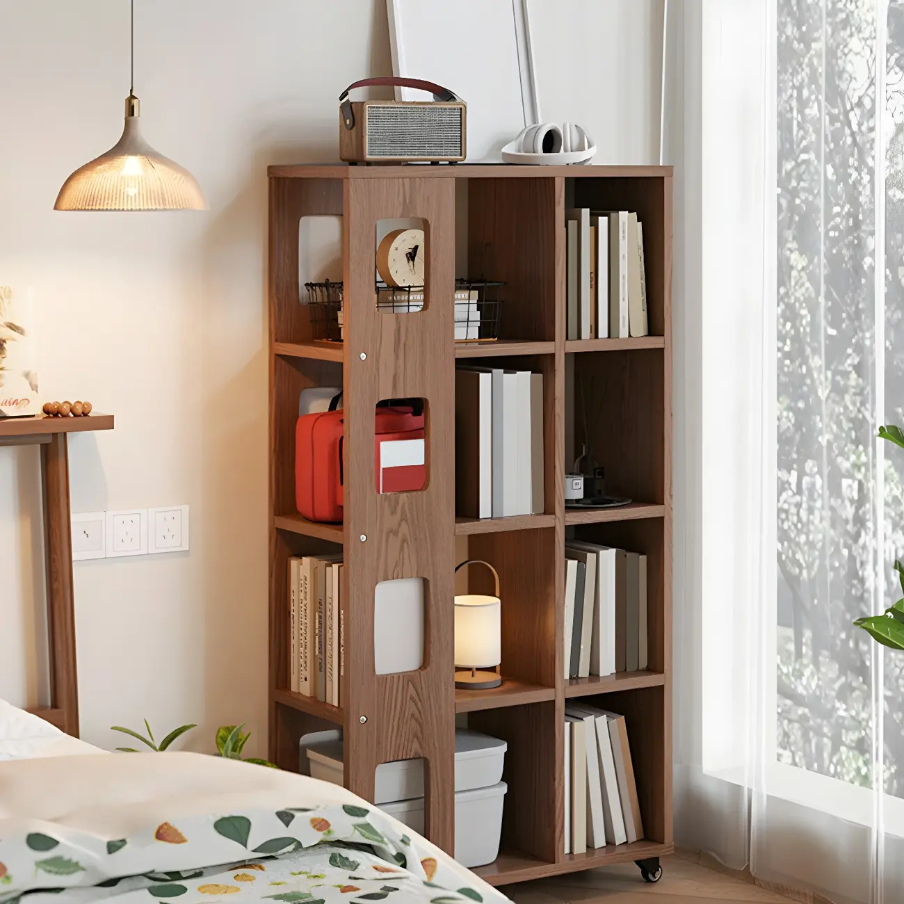 Mid-Century Nut-Brown Wood 5-Tier Bookcase on Wheels Image - 6 | homeyfad