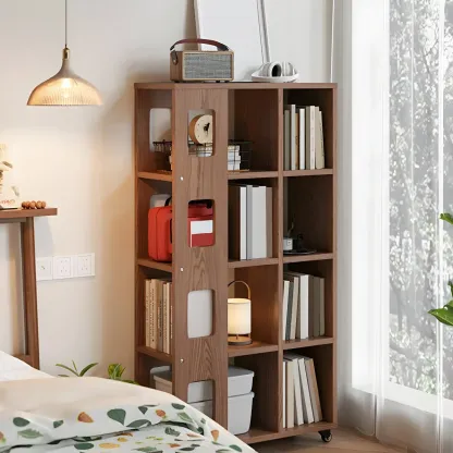 Mid-Century Nut-Brown Wood 5-Tier Bookcase on Wheels Image - 6