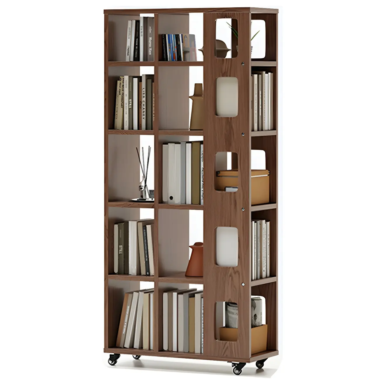 Mid-Century Nut-Brown Wood 5-Tier Bookcase on Wheels Image - 7 | homeyfad