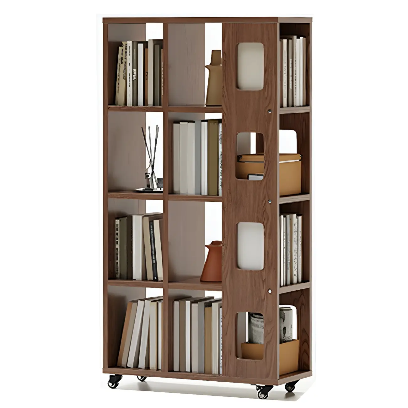 Mid-Century Nut-Brown Wood 5-Tier Bookcase on Wheels Image - 12 | homeyfad