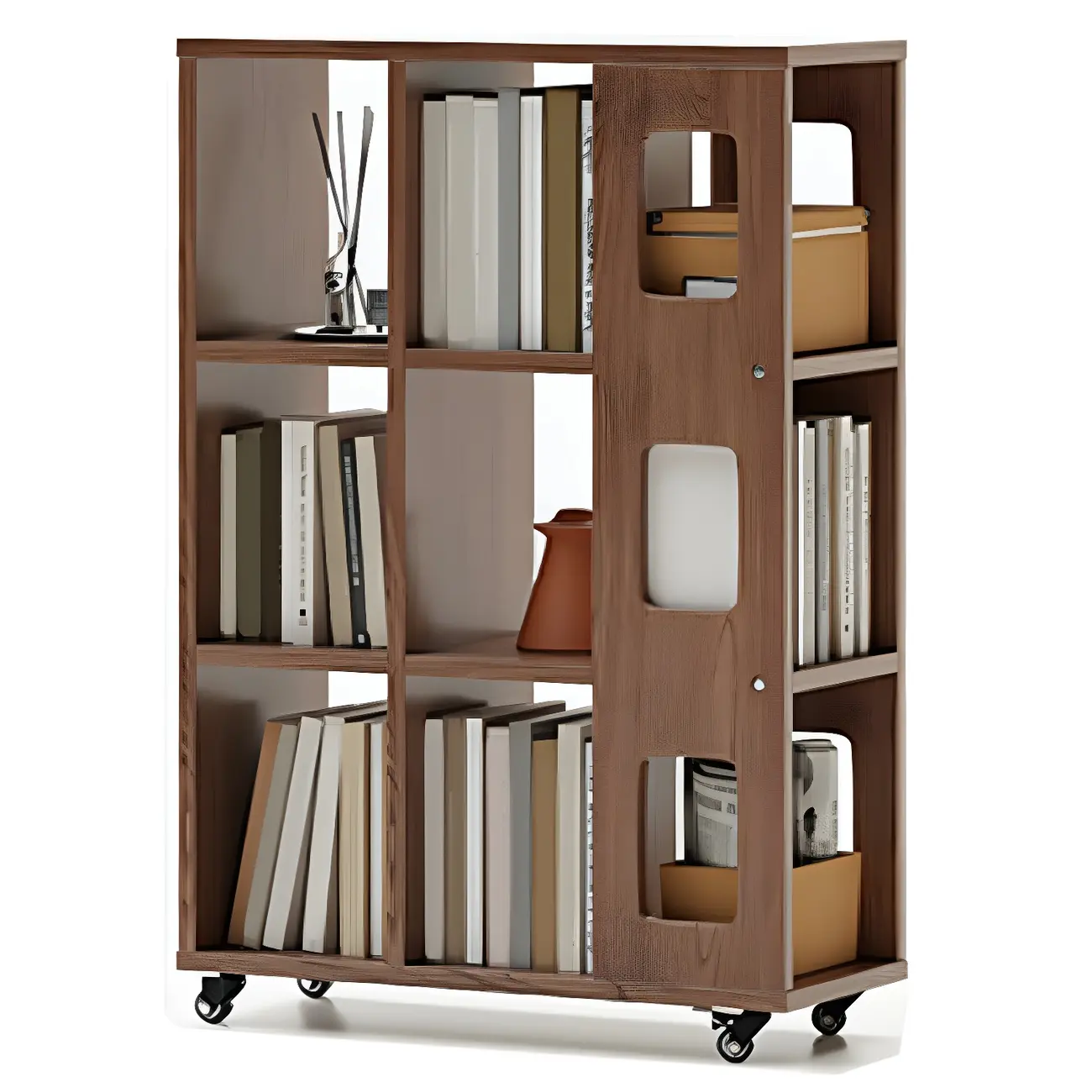 Mid-Century Nut-Brown Wood 5-Tier Bookcase on Wheels Image - 13 | homeyfad