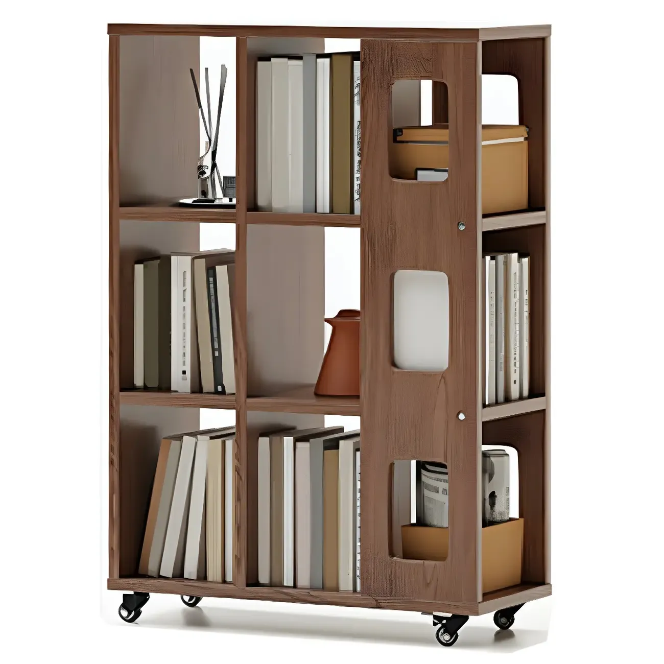 Mid-Century Nut-Brown Wood 5-Tier Bookcase on Wheels Image - 13