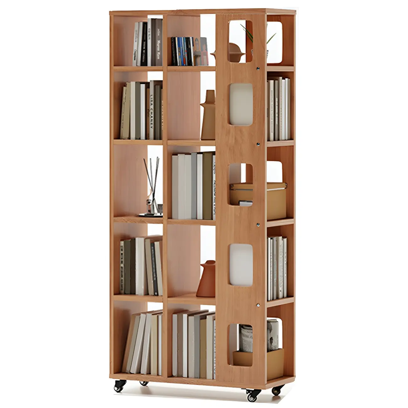 Mid-Century Nut-Brown Wood 5-Tier Bookcase on Wheels Image - 14 | homeyfad