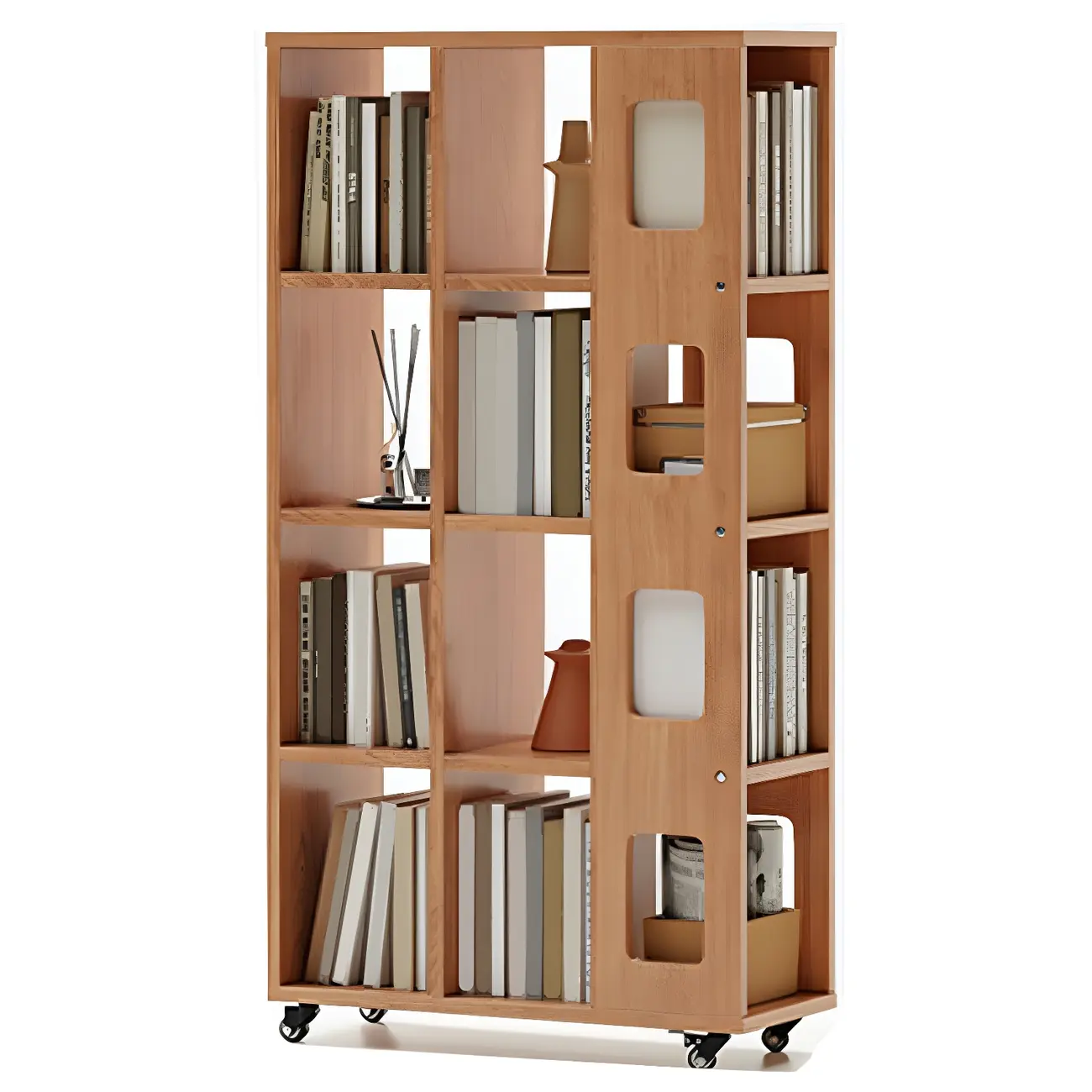 Mid-Century Nut-Brown Wood 5-Tier Bookcase on Wheels Image - 15 | homeyfad