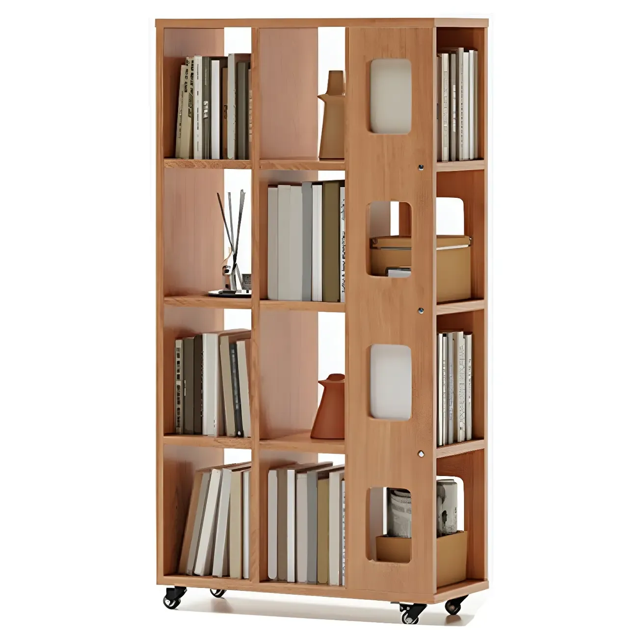 Mid-Century Nut-Brown Wood 5-Tier Bookcase on Wheels Image - 15