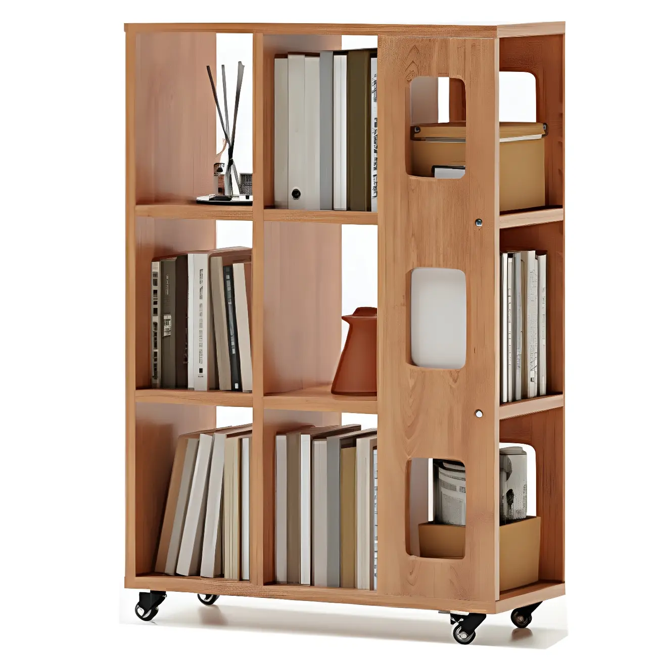 Mid-Century Nut-Brown Wood 5-Tier Bookcase on Wheels Image - 16 | homeyfad