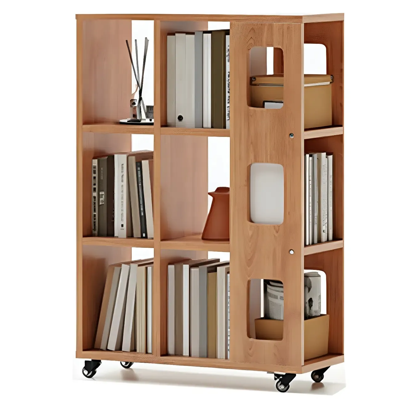 Mid-Century Nut-Brown Wood 5-Tier Bookcase on Wheels Image - 16