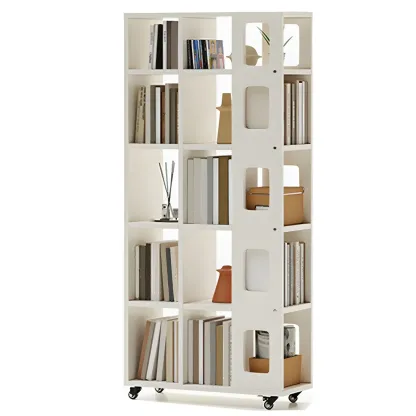 Mid-Century Nut-Brown Wood 5-Tier Bookcase on Wheels Image - 17