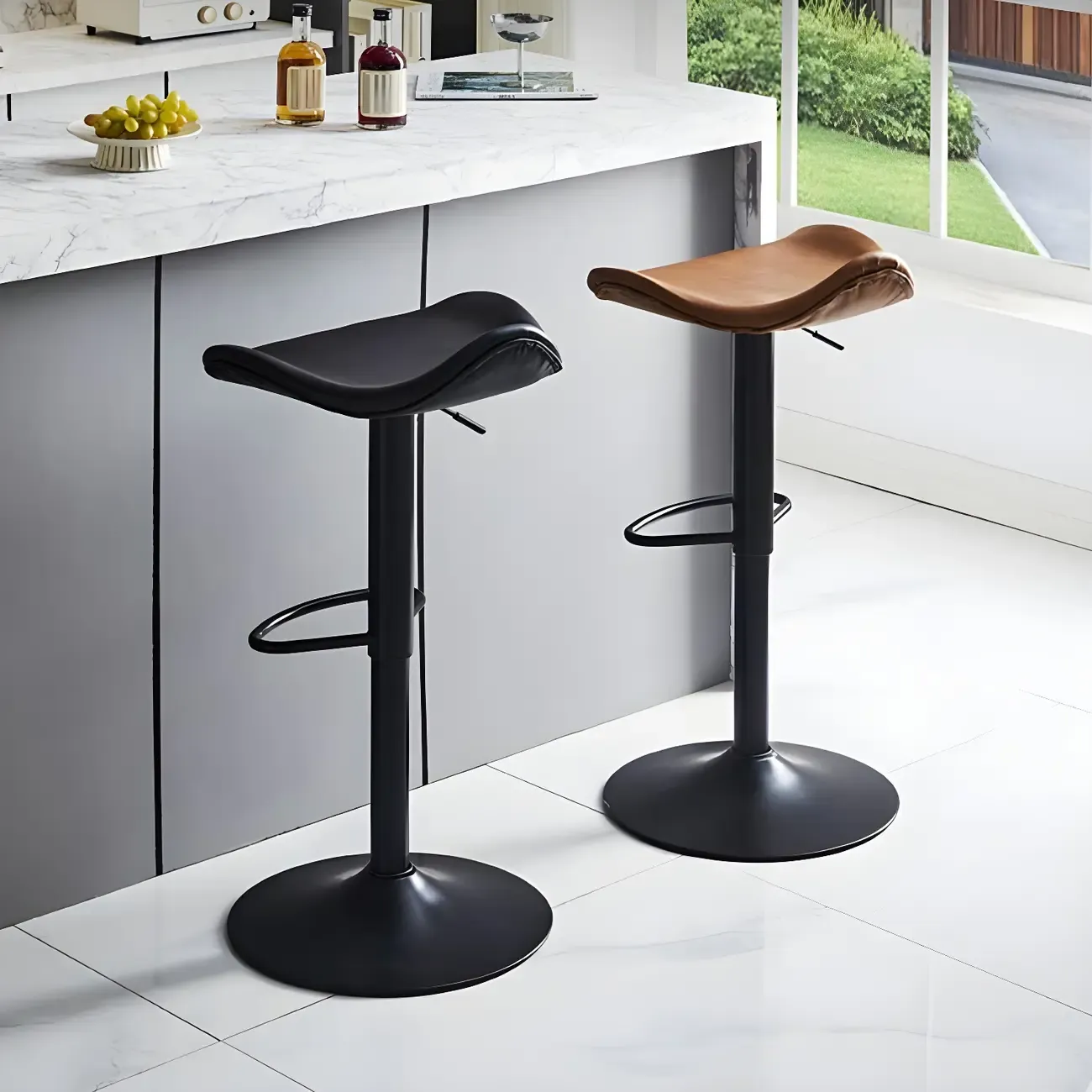 Classic Leather Swivel Bar Stools with Adjustable Height for Home Image - 2
