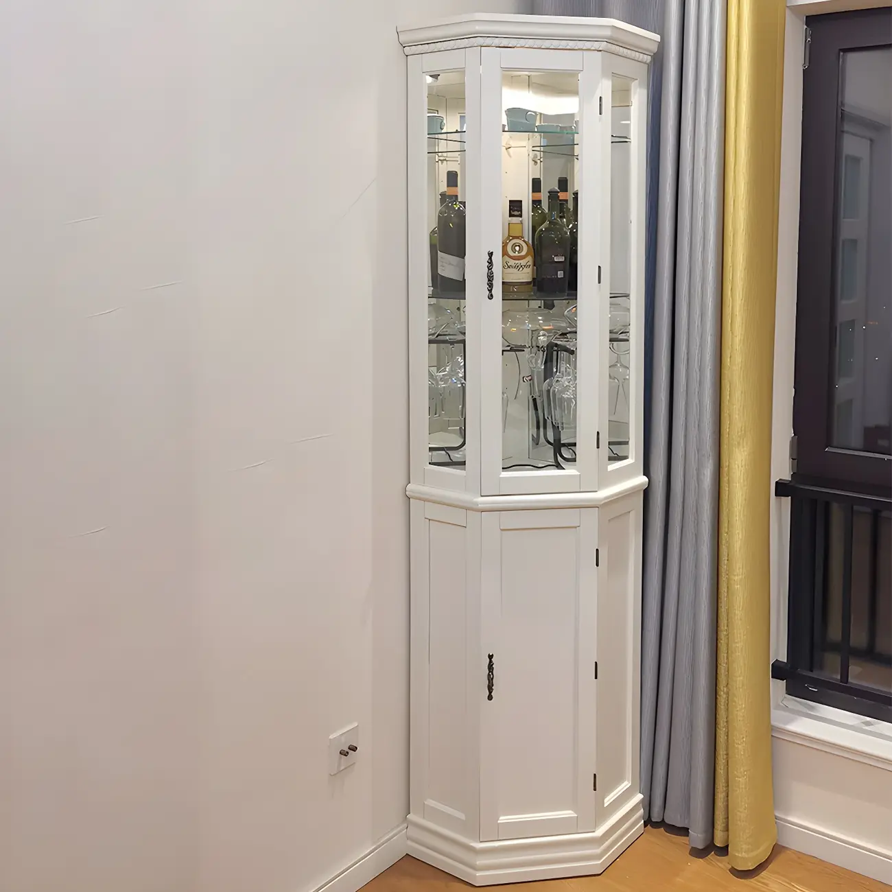 Classic White Wood Glass Display 5-Shelf Corner Cabinet Image - 3 | homeyfad