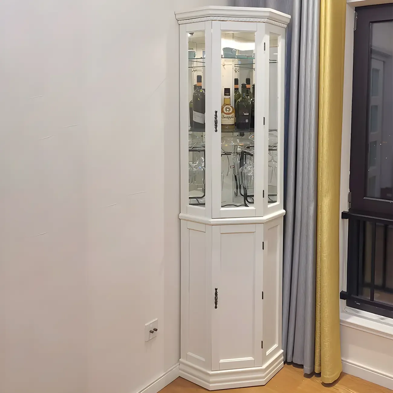 Classic White Wood Glass Display 5-Shelf Corner Cabinet Image - 3