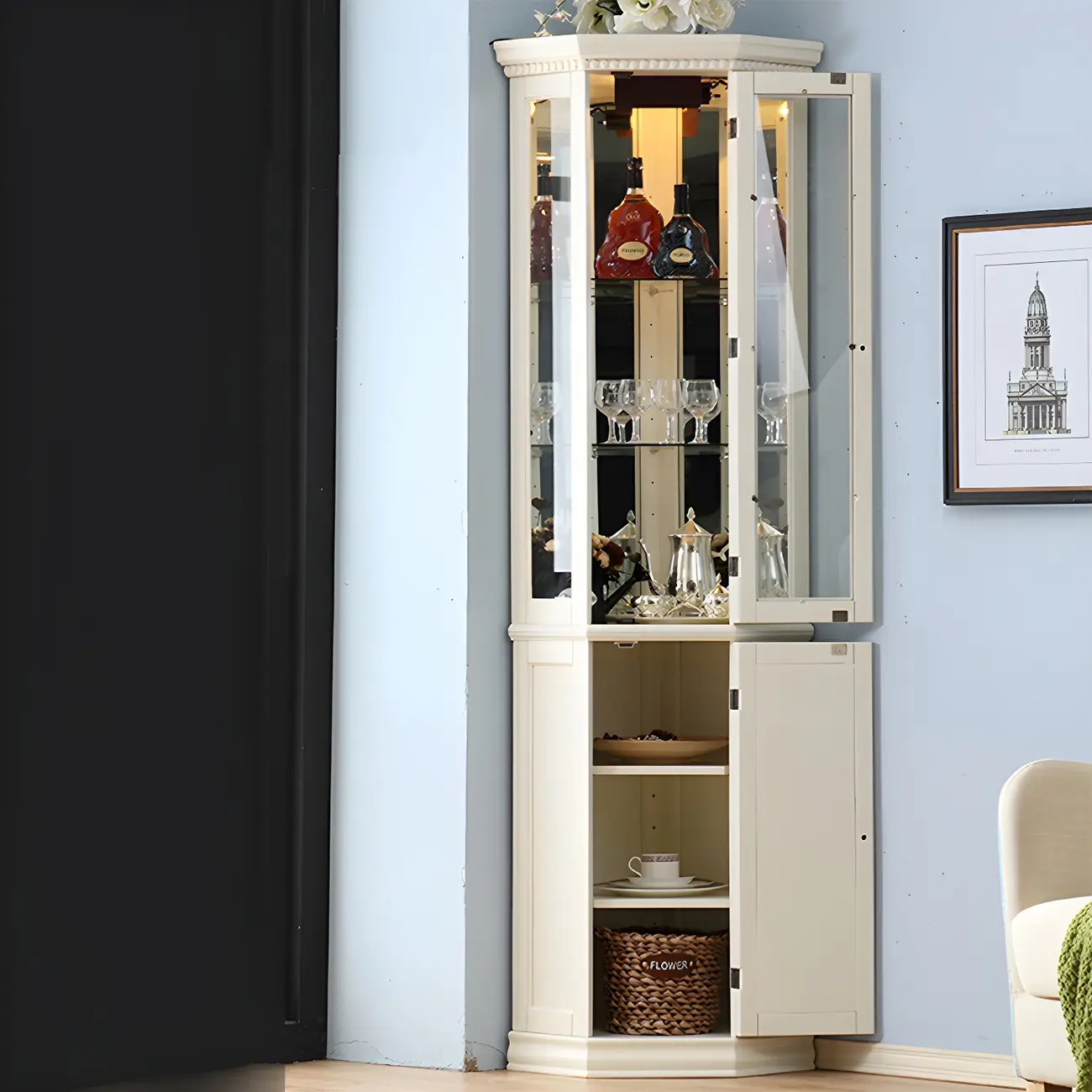 Classic White Wood Glass Display 5-Shelf Corner Cabinet Image - 5 | homeyfad