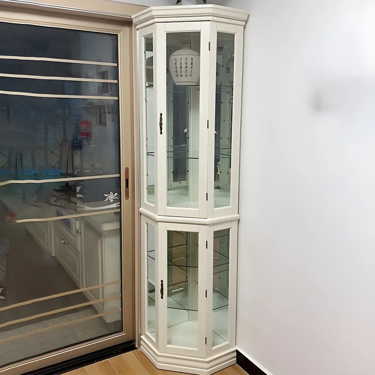Classic White Wood Glass Display 5-Shelf Corner Cabinet Image - 2