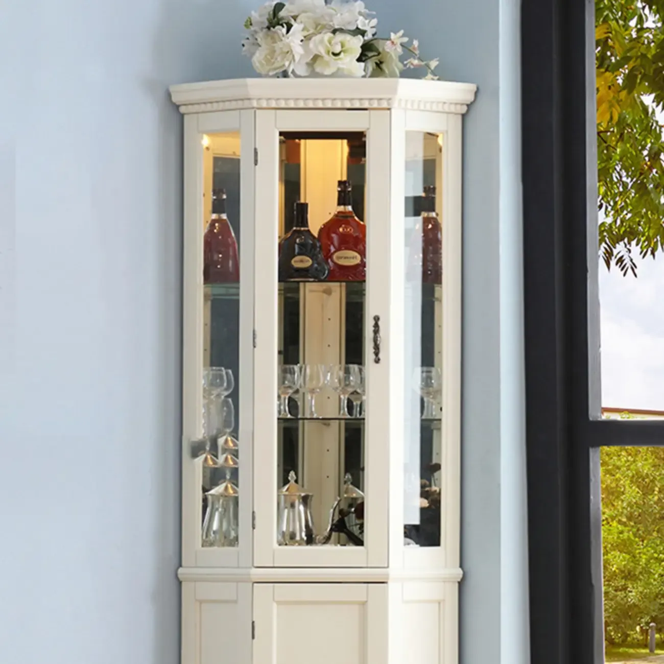 Classic White Wood Glass Display 5-Shelf Corner Cabinet Image - 6