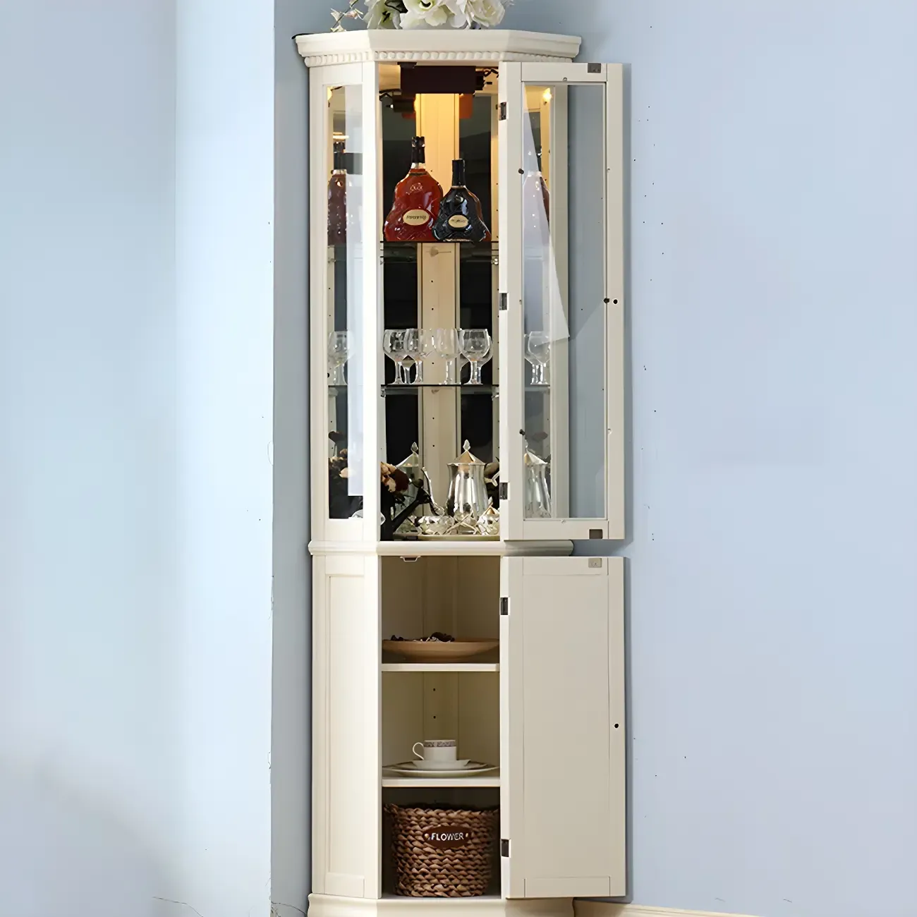 Classic White Wood Glass Display 5-Shelf Corner Cabinet Image - 9