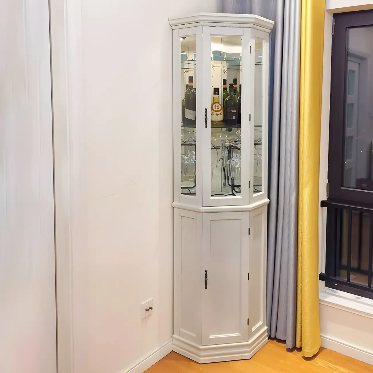 Classic White Wood Glass Display 5-Shelf Corner Cabinet Image - 10