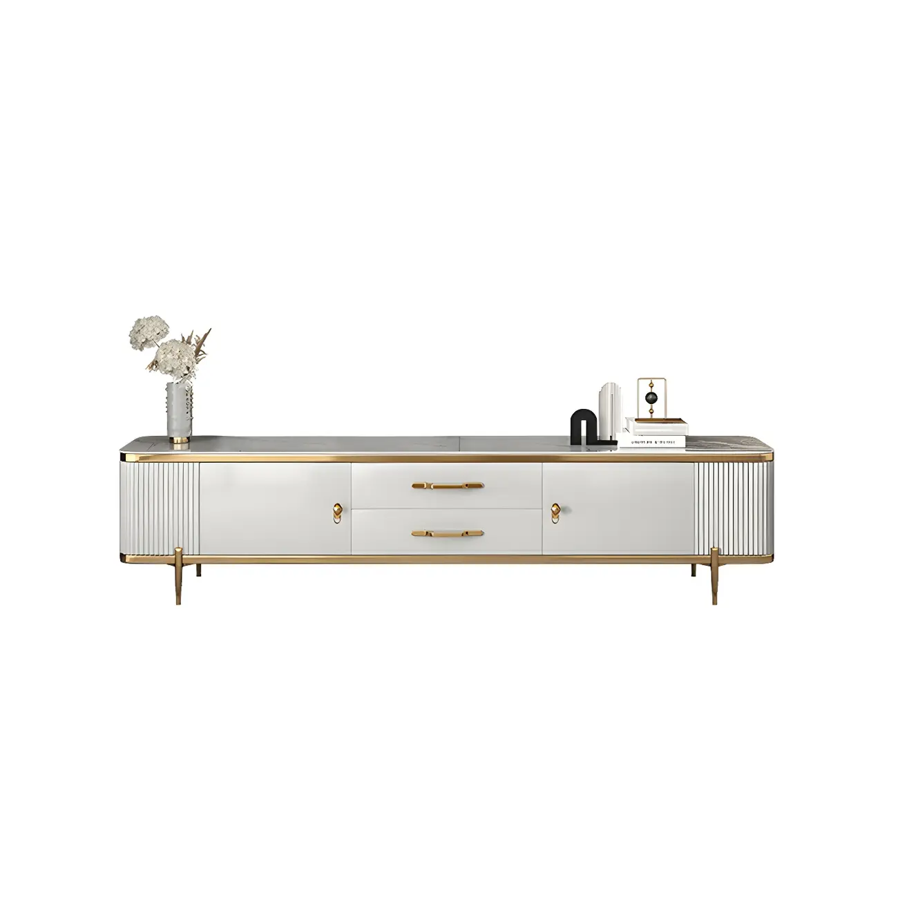 Stylish White Stone TV Stand with Metal Frame for Living Room Image - 5 | homeyfad