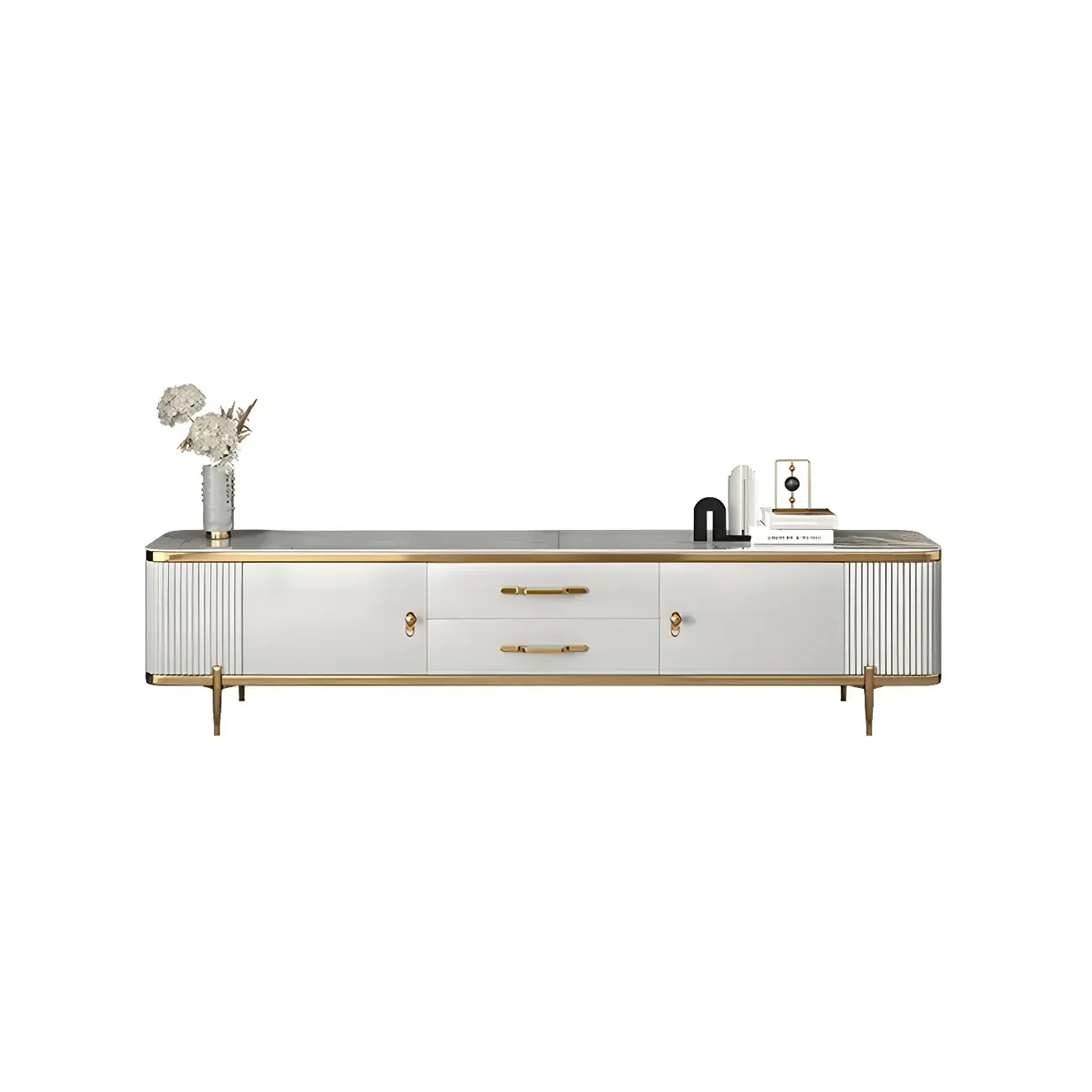 Stylish White Stone TV Stand with Metal Frame for Living Room Image - 5