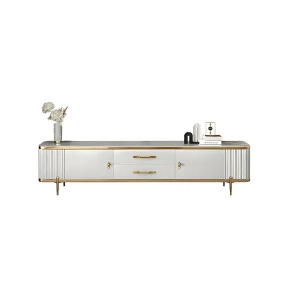 Stylish White Stone TV Stand with Metal Frame for Living Room Image - 5