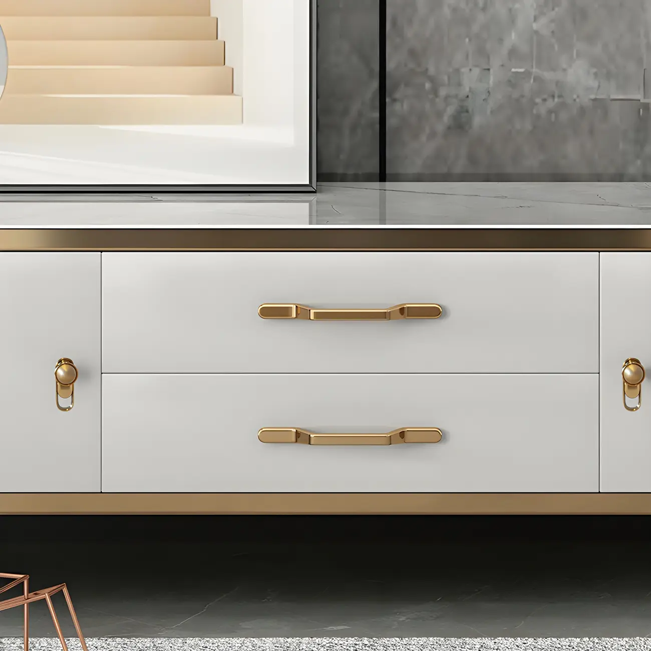 Stylish White Stone TV Stand with Metal Frame for Living Room Image - 7 | homeyfad