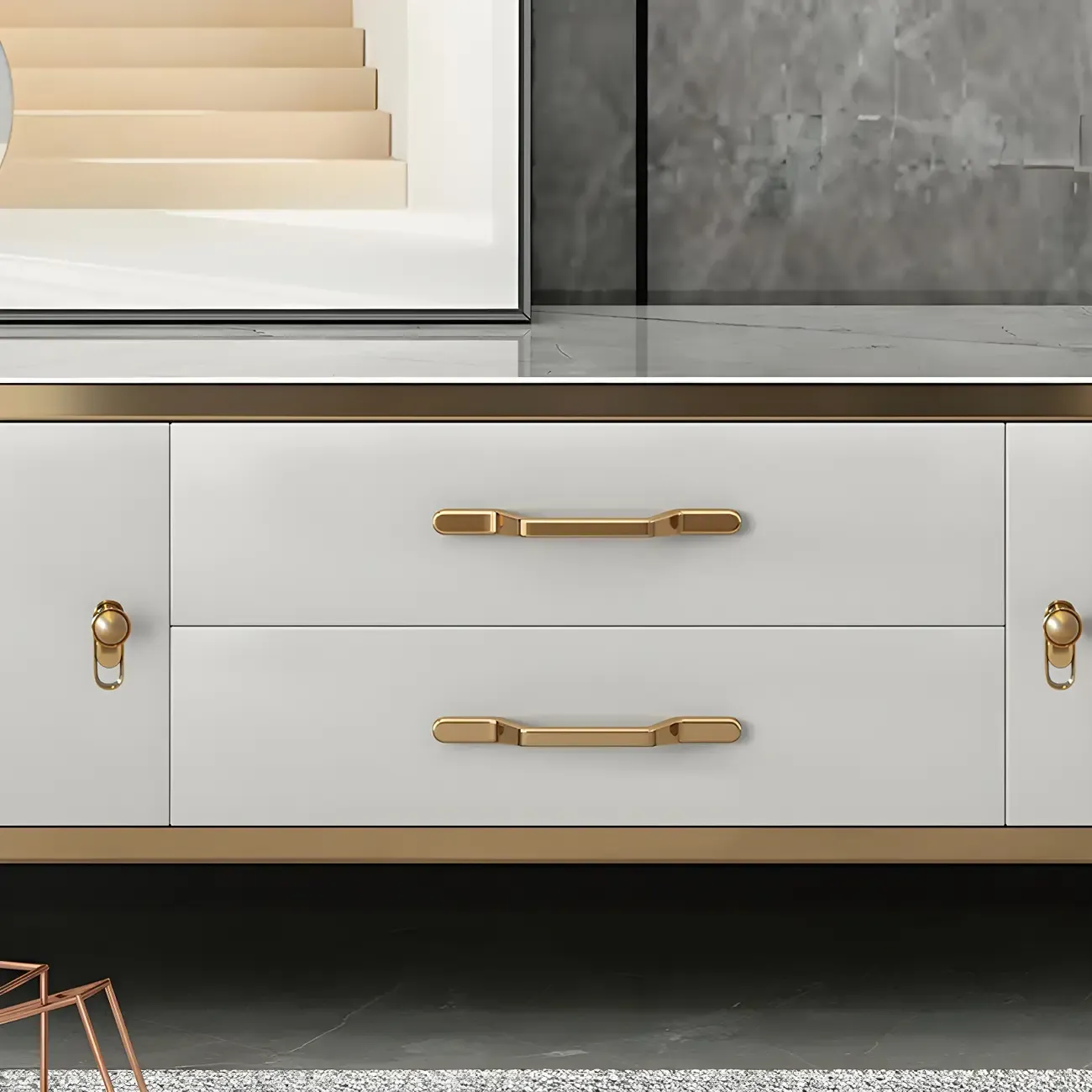 Stylish White Stone TV Stand with Metal Frame for Living Room Image - 7