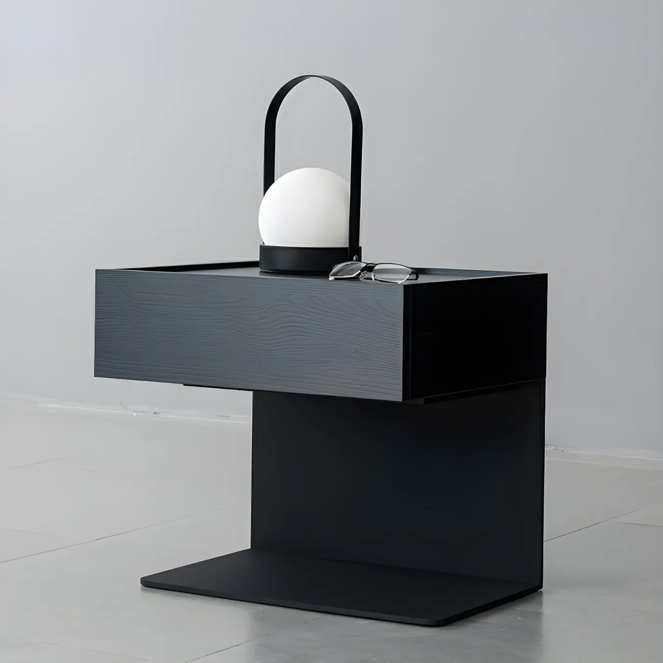 Black Steel Wood C-Shaped Drawer Nightstand with Light Image - 1 | homeyfad
