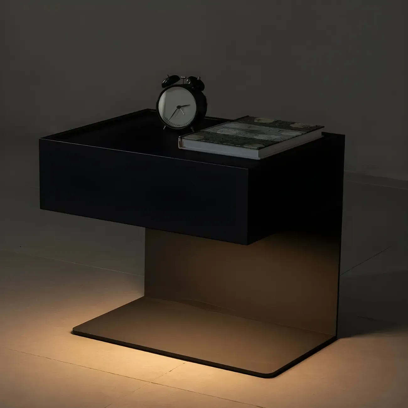 Black Steel Wood C-Shaped Drawer Nightstand with Light Image - 3