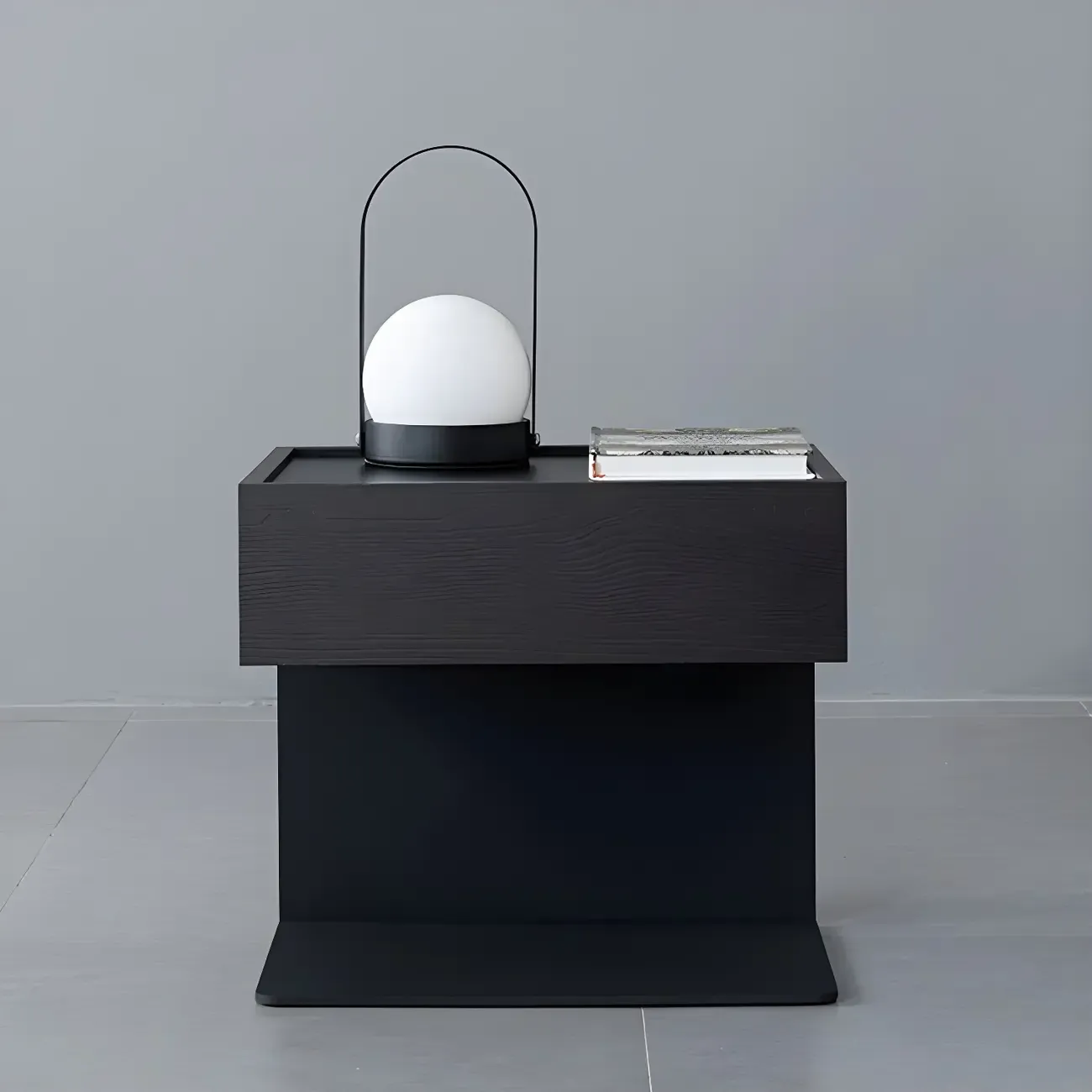 Black Steel Wood C-Shaped Drawer Nightstand with Light Image - 4